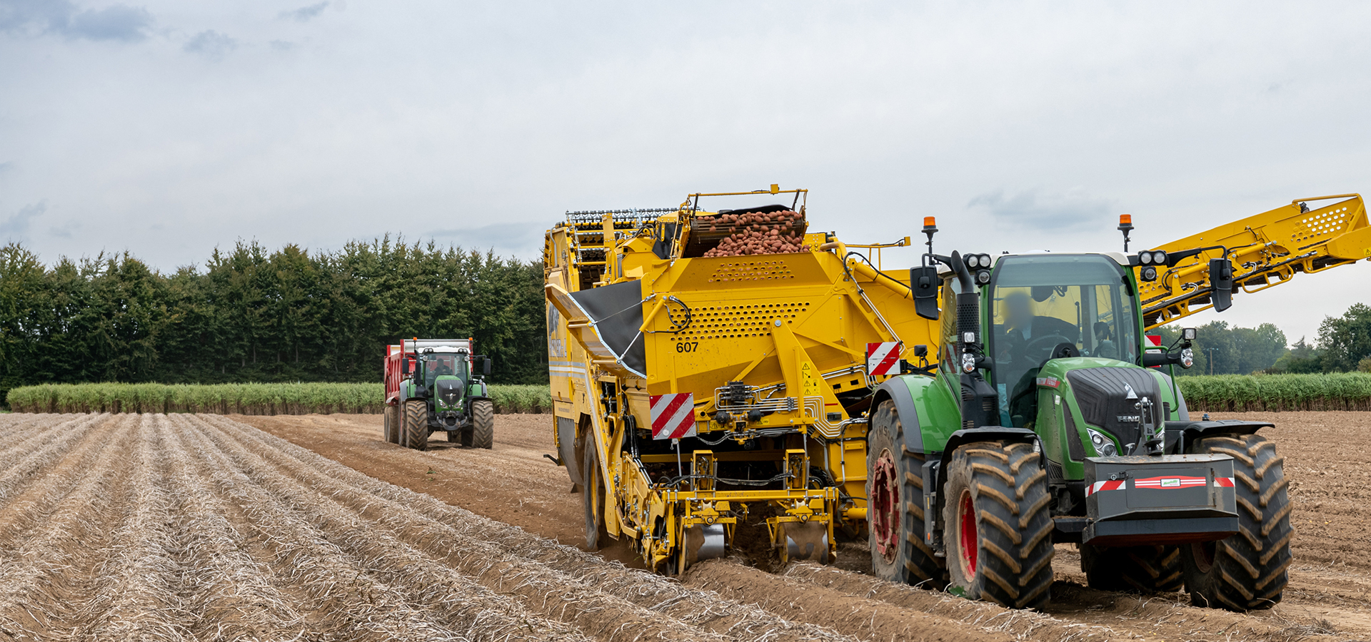 Récolte mécanisée de pommes de terre avec tracteurs md-services-mecanique-hydraulique-aveyron dans un champ en Aveyron